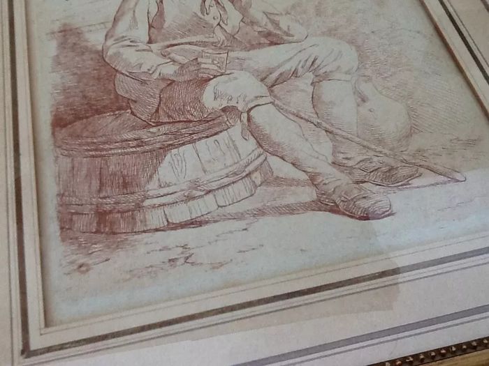 Ancienne gravure à suspendre façon sanguine " Le fumeur " l' homme à la pipe - photo numéro 3