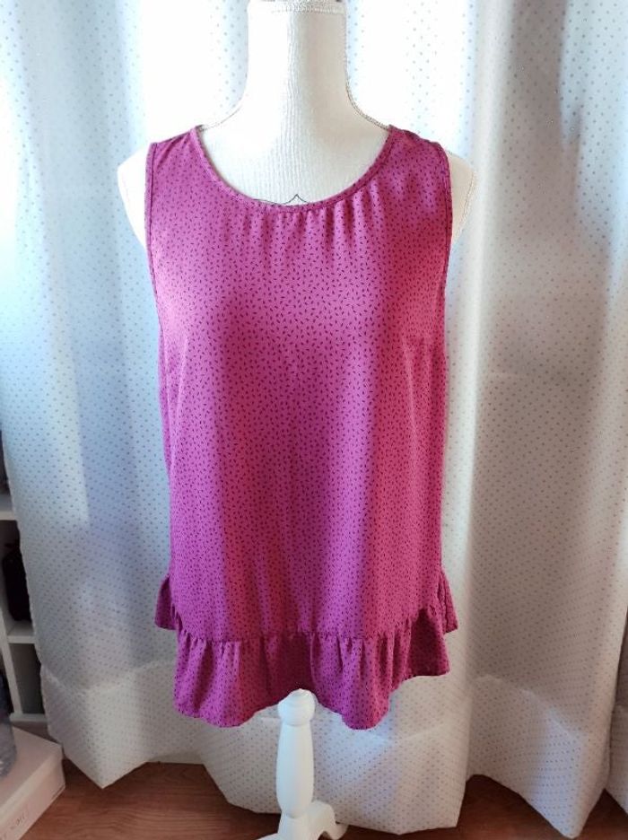 Blouse Cache cache rose à motifs et volants, taille 40, TBE!