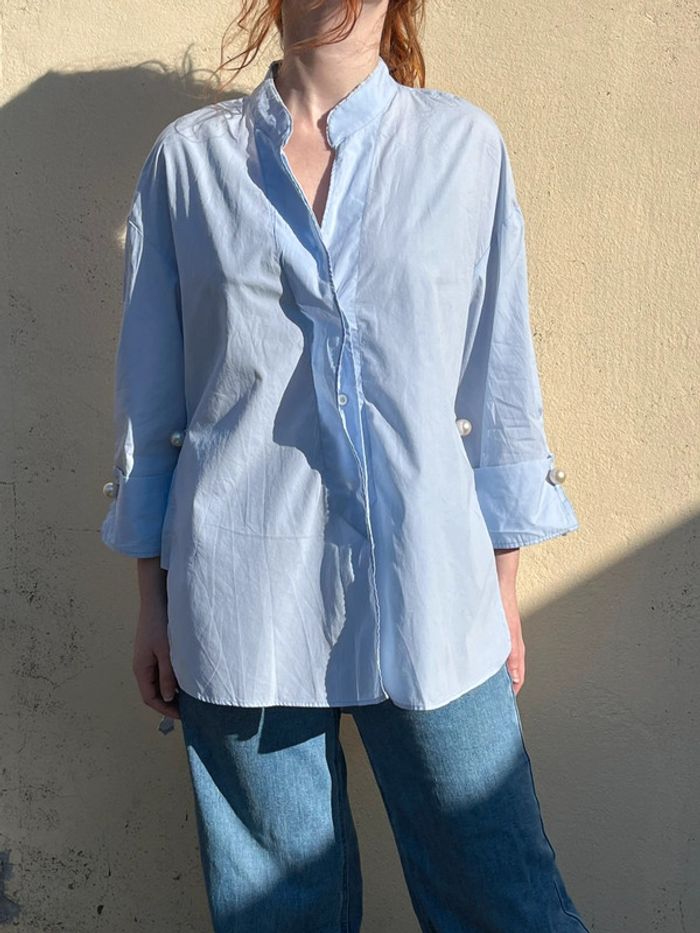 Chemisier asymétrique avec perles nacrées manches 3/4 - bleu clair - photo numéro 2