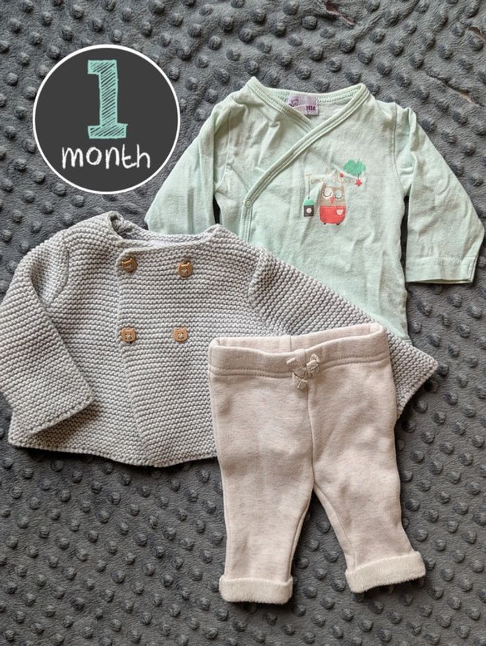 Lot Bébé 3 Pièces : Gilet Maille TAO, Body Croisé & Pantalon, Taille 1 Mois