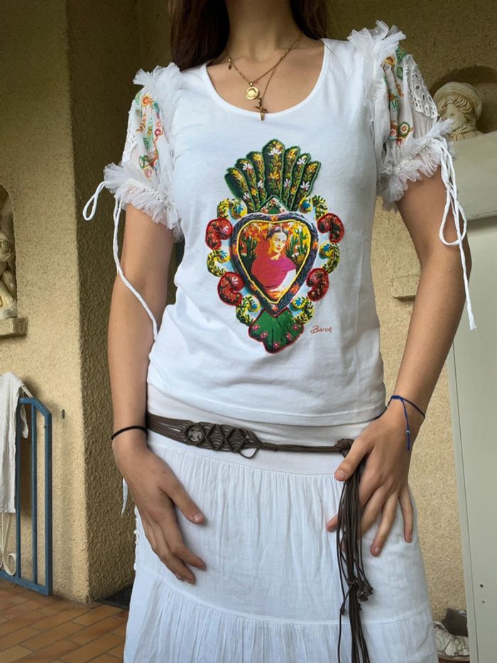 Tee-shirt coquette à sequins Ibiza bohème champêtre barok hippie vintage Frida Kahlo neuf - photo numéro 3