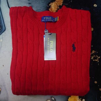 Pull torsadé col rond Polo Ralph Lauren rouge logo brodé jaune taille L