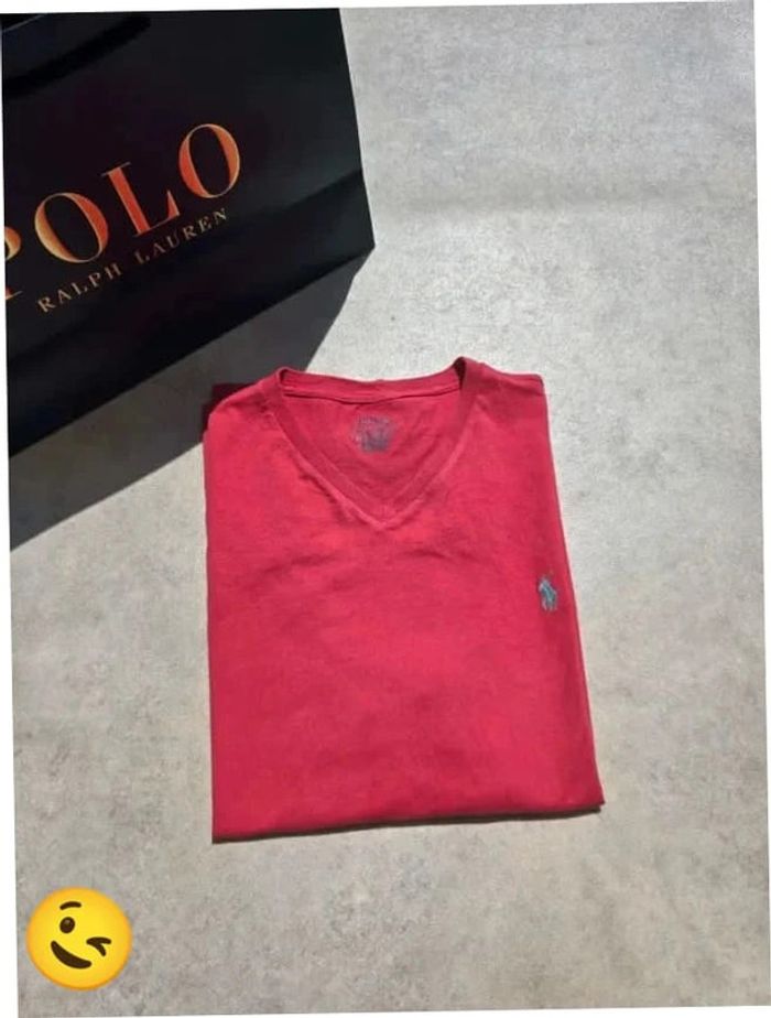 T-shirt Ralph Lauren L coupe col V Rouge Homme Men tee36