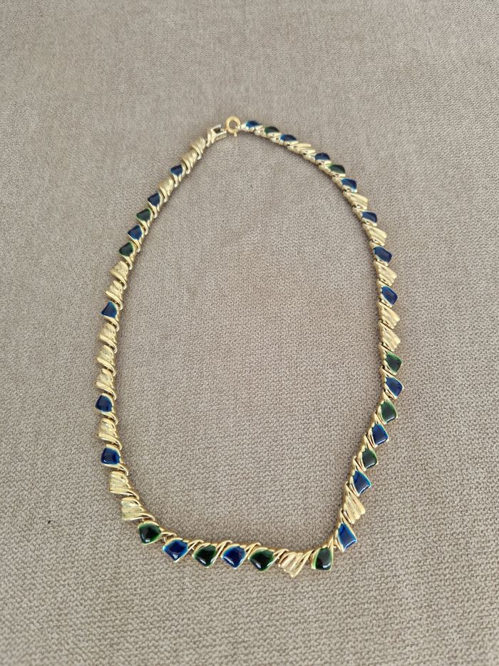 Collier vintage doré avec du bleu, vert - photo numéro 7