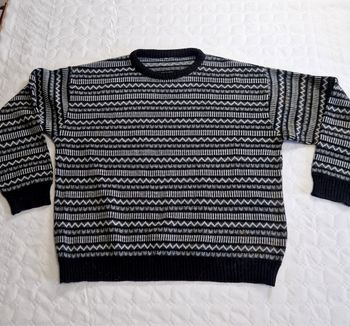 Pull Homme Vintage à Motifs Géométriques Noir et Gris - Taille L