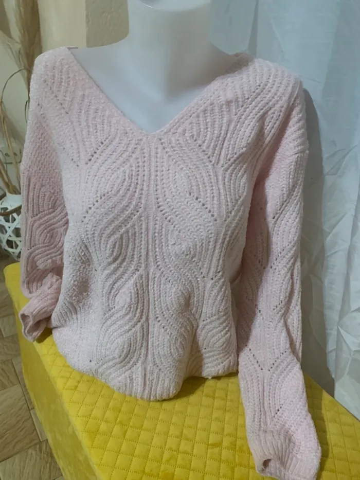 Pull Anna Karel taille XL grosse maille rose col V