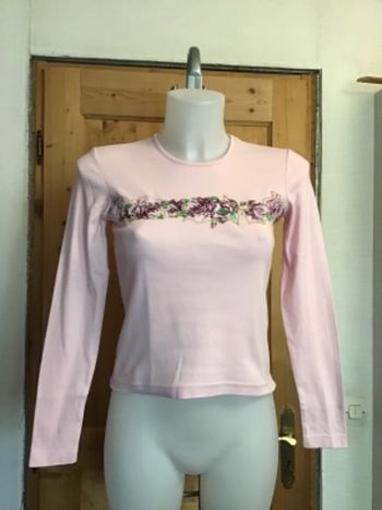 Tee shirt rose manches longues vintage 90s brodé doré et roses 100% coton Esprit