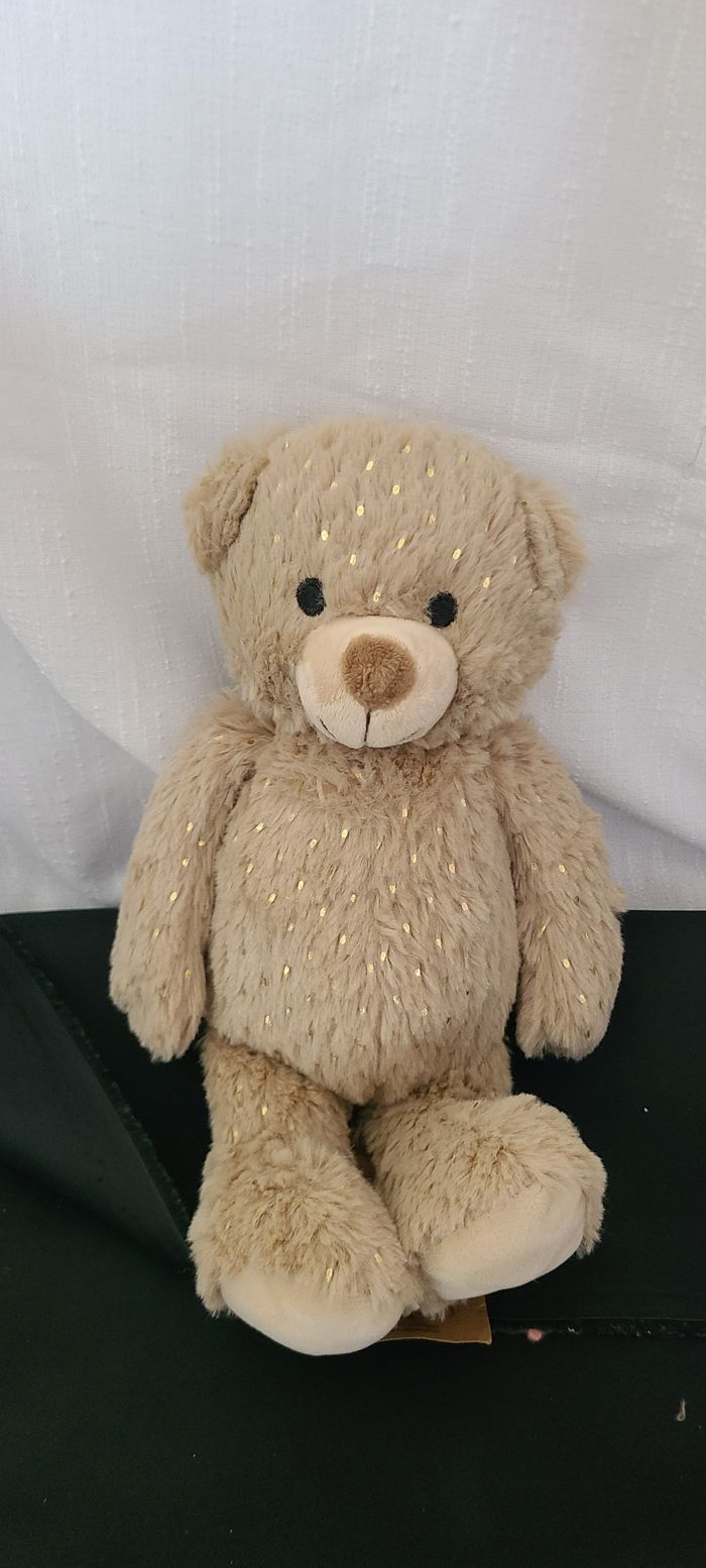 DOUDOU PELUCHE DAMART OURS BEIGE MARRON PAILLETTE DOREE OR - photo numéro 2