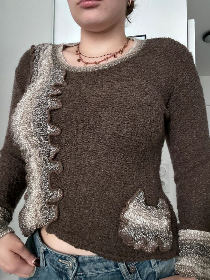 Pull vintage Y2K marron & beige – Taille S | Style rétro | Motifs 2000’s - photo numéro 3