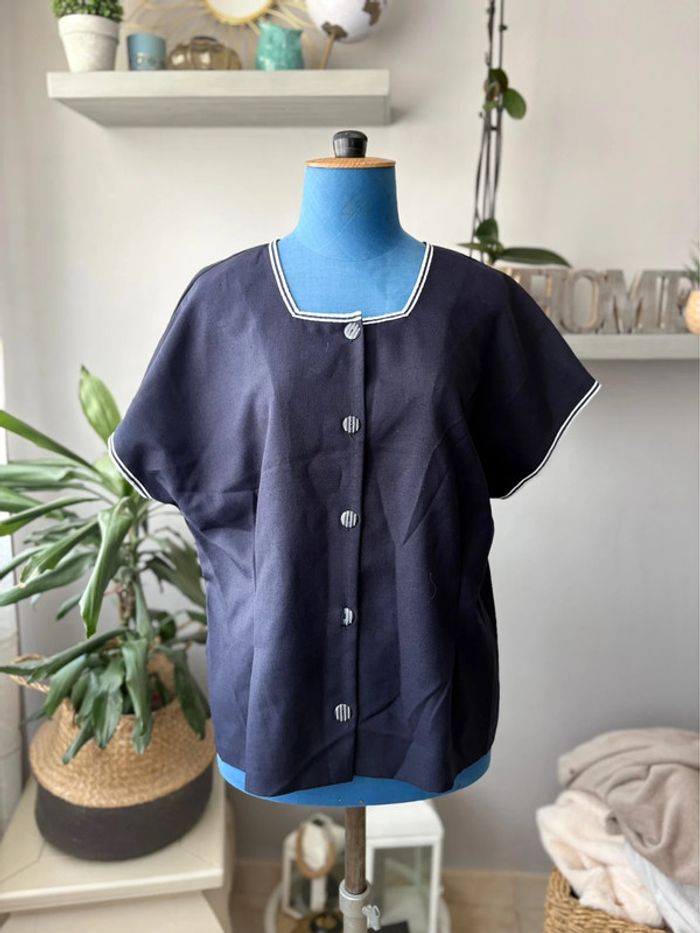 Blouse manche évasée - bleu marine - vintage des années 70 - taille 40/42 -