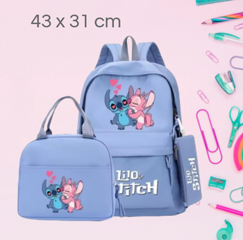 🌸 Ensemble scolaire Sac à Dos, Lunchbox et Trousse Stitch & Angel bleu