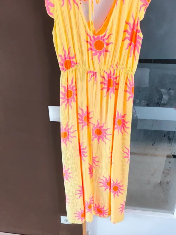 Robe longue été jaune et rose gaz de coton imprimé soleil TU 36 à 42 - photo numéro 8