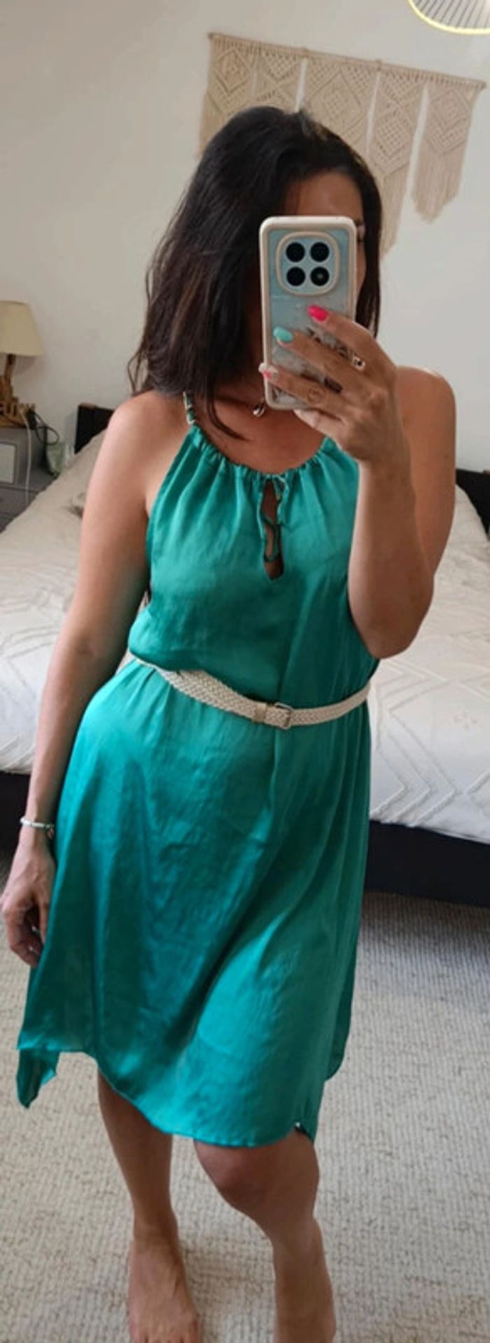 Robe d'été de soirée légère fluide Impérial soyeuse vert émeraude asymétrique classe chic - photo numéro 5