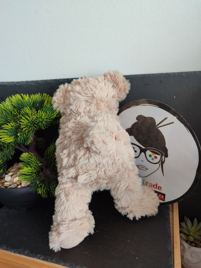 doudou peluche ours marron beige fourrure noeud bleu doré ruban Bras Croisés - photo numéro 2