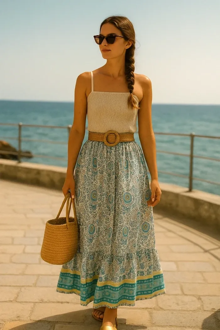 🌿 Jupe bohème ethnic motifs bleu/jaune fluide – Taille unique - Neuve 🌸