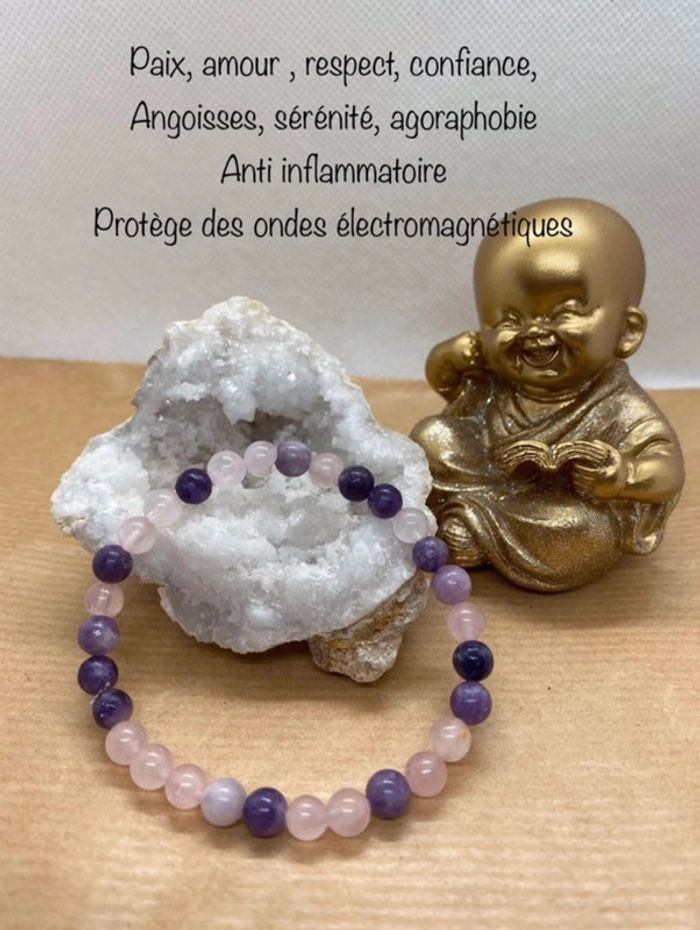 Bracelet lepidolite et quartz rose 18,5 cm , lithothérapie