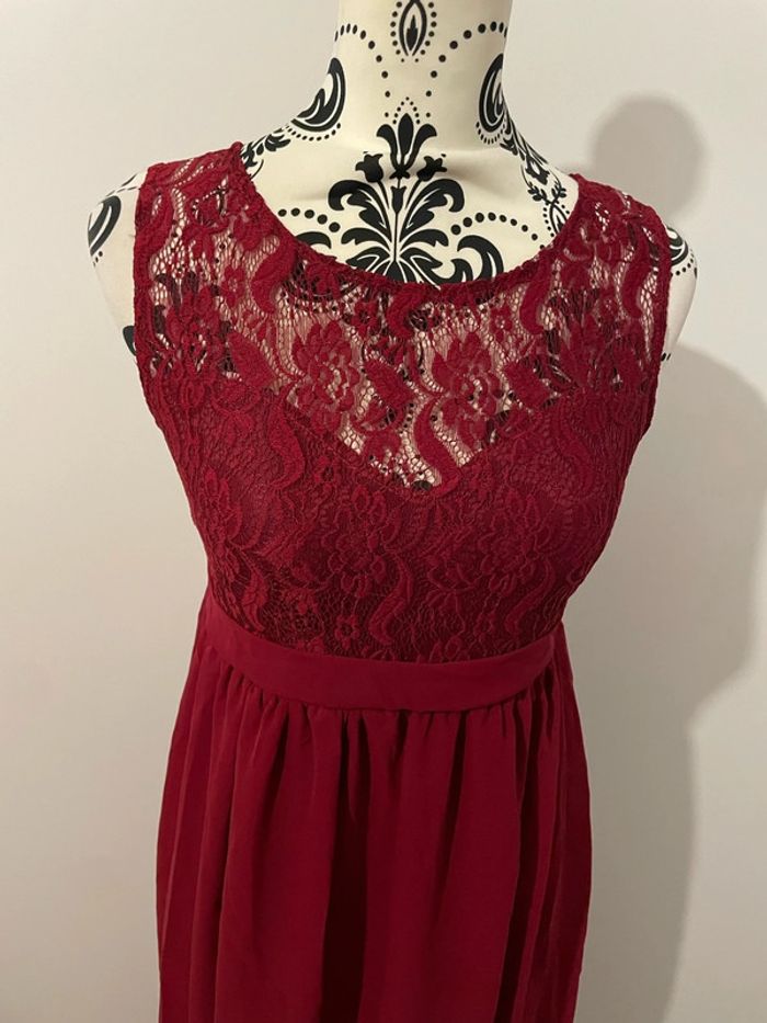 Robe longue bordeaux sans manche large bretelle à dentelle doublé voile ceinture taille taille M - photo numéro 2