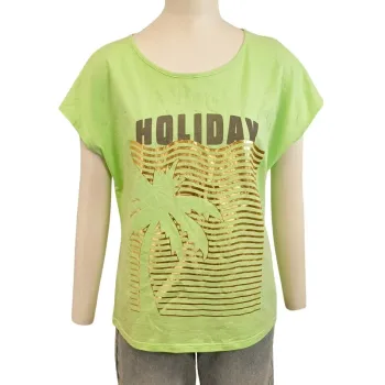 T-shirt vert fluo imprimé palmier doré BREAL style été casual - taille M A627
