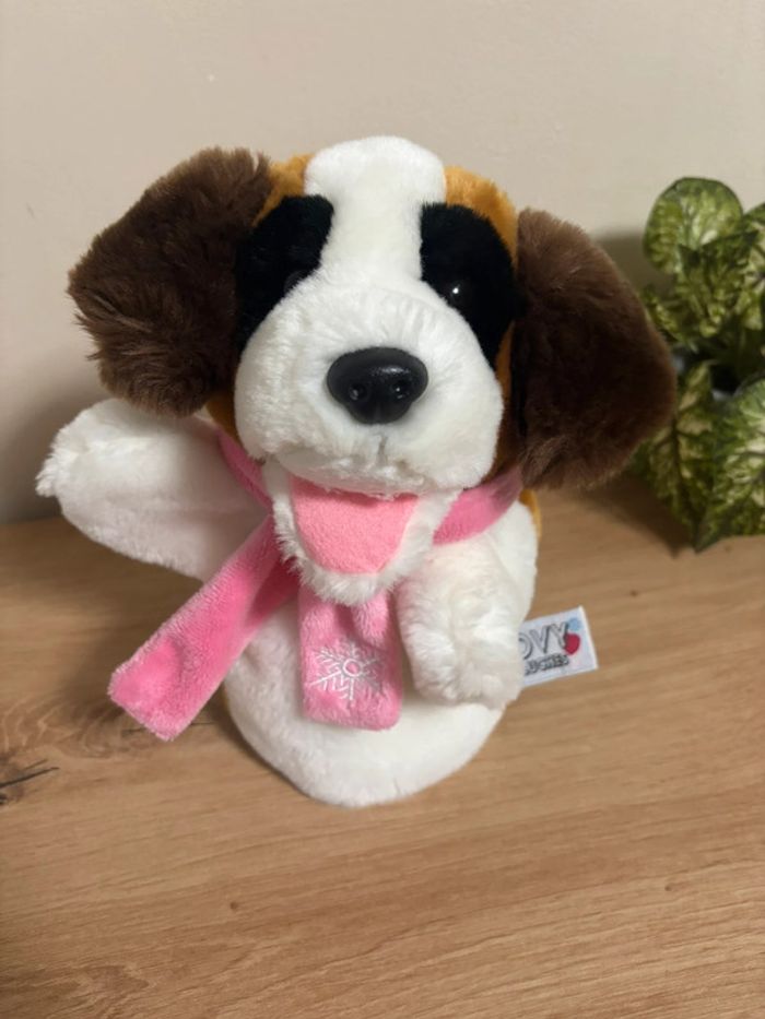 Neuf doudou marionnette chien blanc marron écharpe rose lovy peluches - photo numéro 3