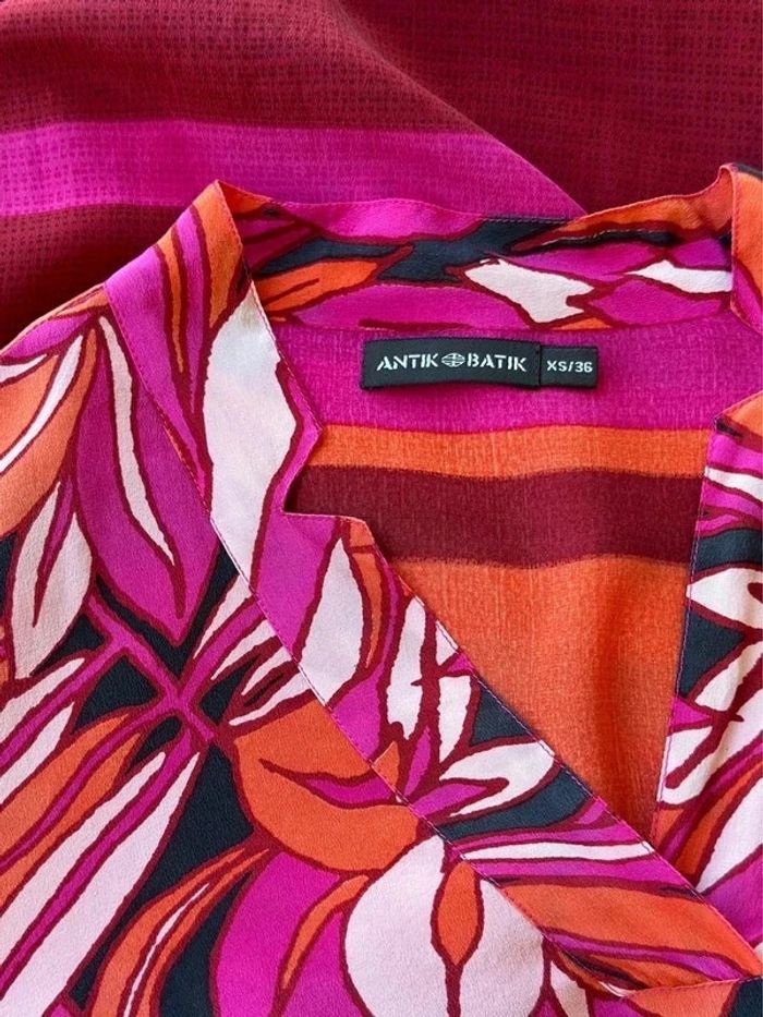 Robe à motifs fleuris rose et rouge, 100% soie, taille 36/38 - Antik Batik - photo numéro 4