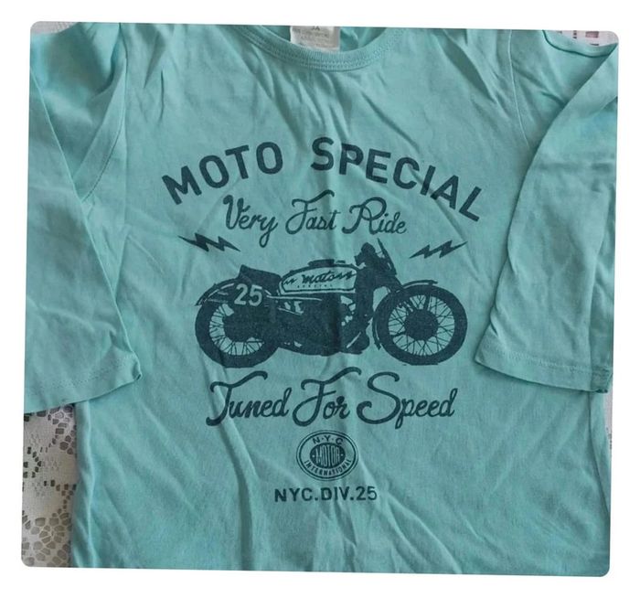 Tee-shirt manches longues - Moto imprimé vintage, bleu turquoise, en très bon état, taille 3 ans - photo numéro 2