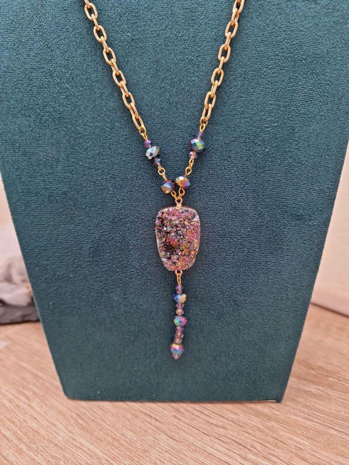 Collier Doré Pierre Agate Perles Cristal Multicolore - photo numéro 3