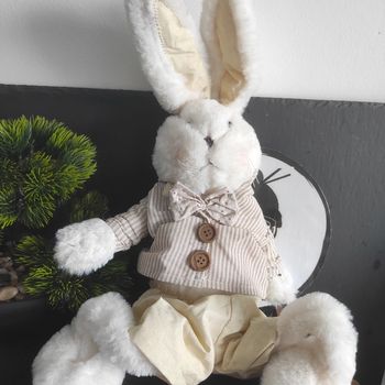 lapin decoration noel peluche blanc gilet rayure jaune beige 43 cm feerie light & christmas
