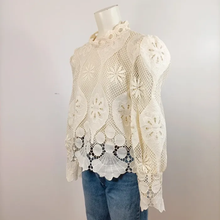 Blouse dentelle écrue Miss Chawn Paris col montant ajouré romantique – Taille M A735 - photo numéro 8
