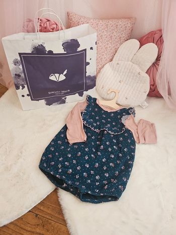 Ensemble bodie teeshirt + barboteuse velours fleurs bleu