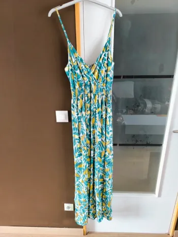 Robe longue imprimée tropicale verte et dorée femme 40/42