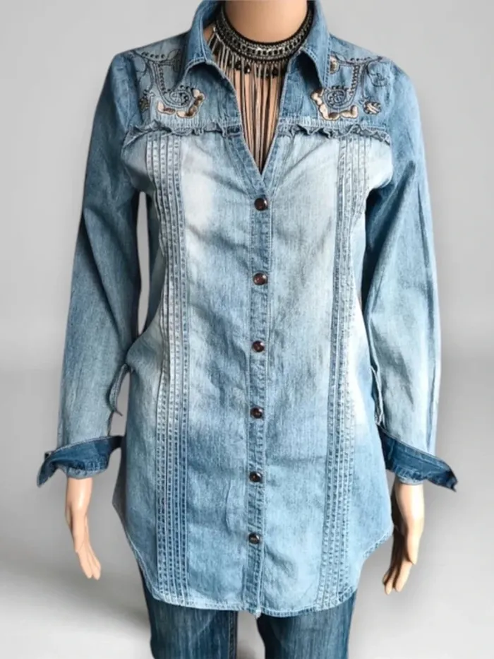 Chemise jean vintage y2k ,No Excuses ,coupe droite et longue ,col en V ouvert 100 % coton - photo numéro 6