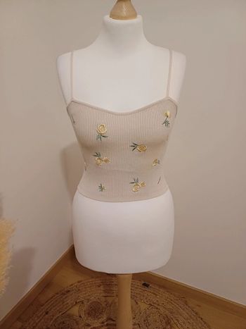 Top court beige côtelé fleuri taille XS 34