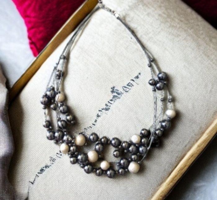 Ras du cou collier perles noires et argentées