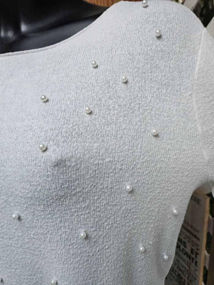 Zara pull blanc à perles taille L - photo numéro 2