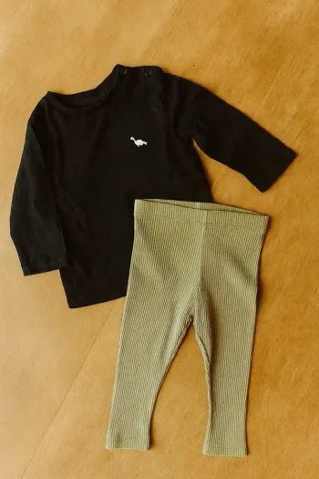 Ensemble bébé garçon – Haut manches longues dinosaure + legging côtelé vert