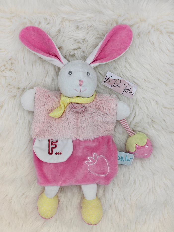 Doudou Marionnette Lapin blanc et rose Baby Nat Fraise Douillette BN0282