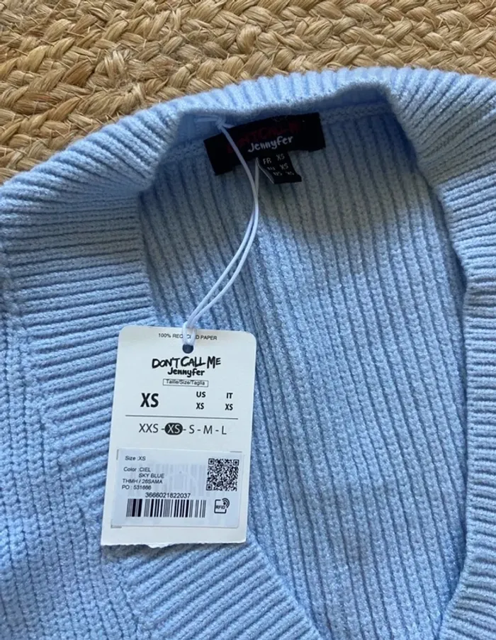 🩵 Pull long femme col V bleu clair sans manche Taille XS 🩵 - photo numéro 3