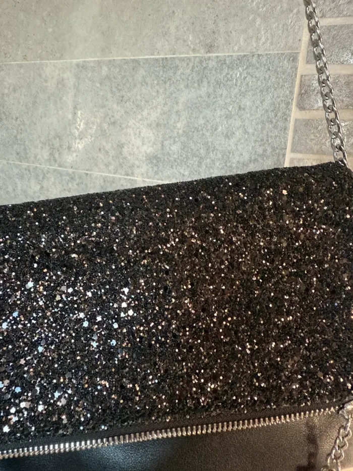 Pochette de soirée à paillettes noires – Chaîne argenté - photo numéro 2