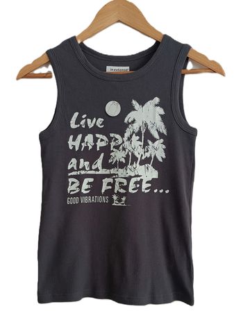 Débardeur gris anthracite. Live happ and be free... Palmiers. In Extenso. Coton. Taille 10 ans