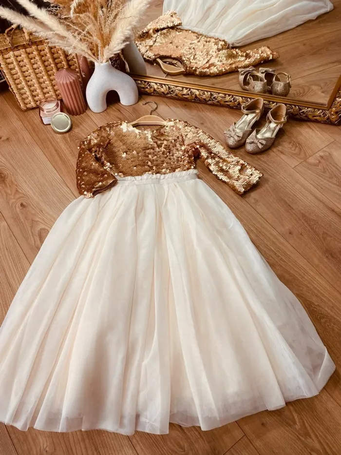 Taille 5-6 ans robe longue créateur fille TAO crème et bronze * sequins et tulle * 💐