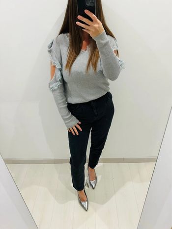 🌸Pull côtelé Millenium - argenté - épaules dénudées - taille unique - dentelle 🌸