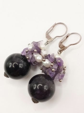Orecchini pendenti ametista pietra viola perla fiume monachella
