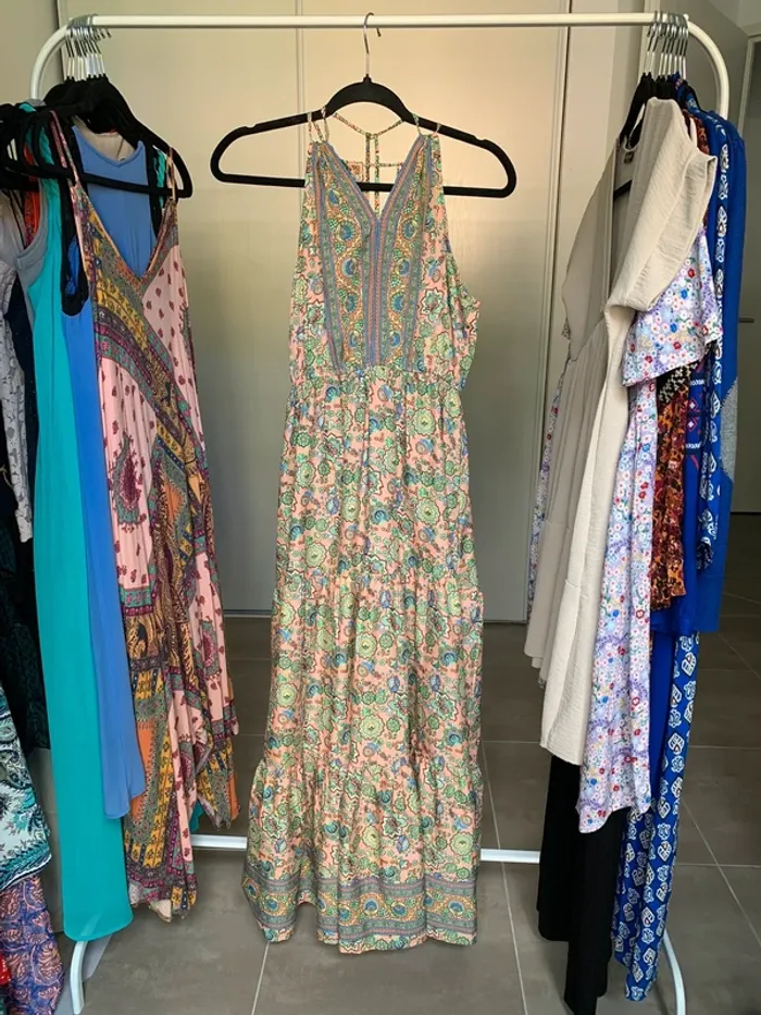 Robe longue fluide rose et vert à motif soie Vintage Silk taille unique - photo numéro 2