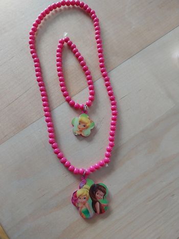 Parure collier +bracelet perles roses Disney la fée clochette