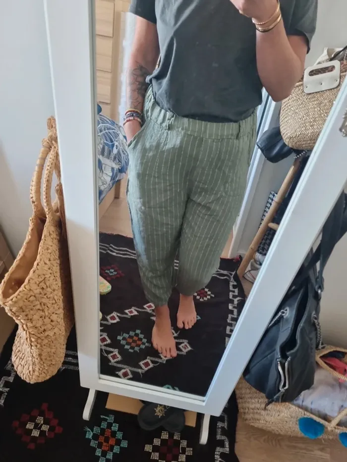 Pantalon en lin rayures kaki - photo numéro 5