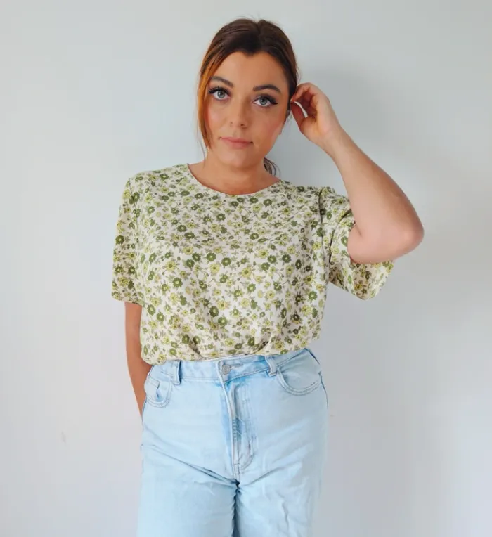 T-shirt oversize ample fluide vintage rétro vert fleuri taille 40 - photo numéro 3