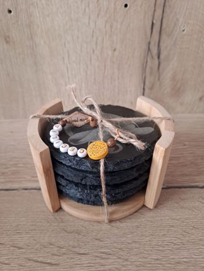 Lot de 5 dessous de verre ardoise avec présentoir en bambou personnalisé - photo numéro 3