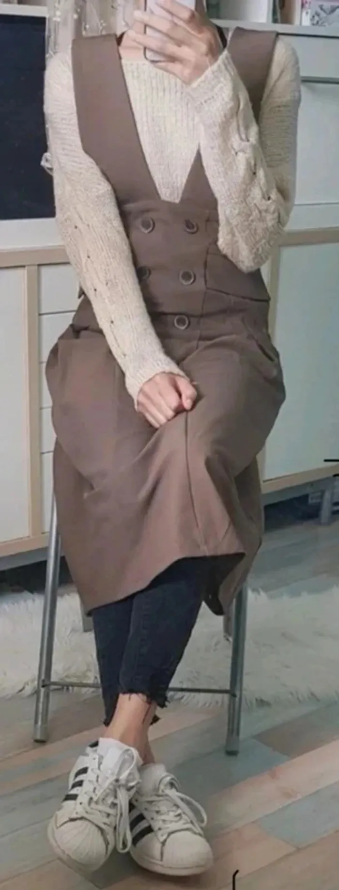 💼Magnifique robe vintage à bretelles mi-longue marron boutons taille M - photo numéro 13