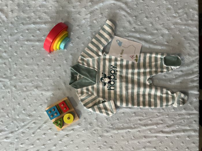 pyjama grenouillère en velours rayé menthe et blanc inscription devant 6 mois obaibi - photo numéro 1