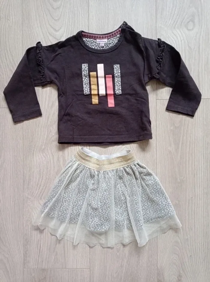 Ensemble tee shirt jupe marron Pommette 24 mois